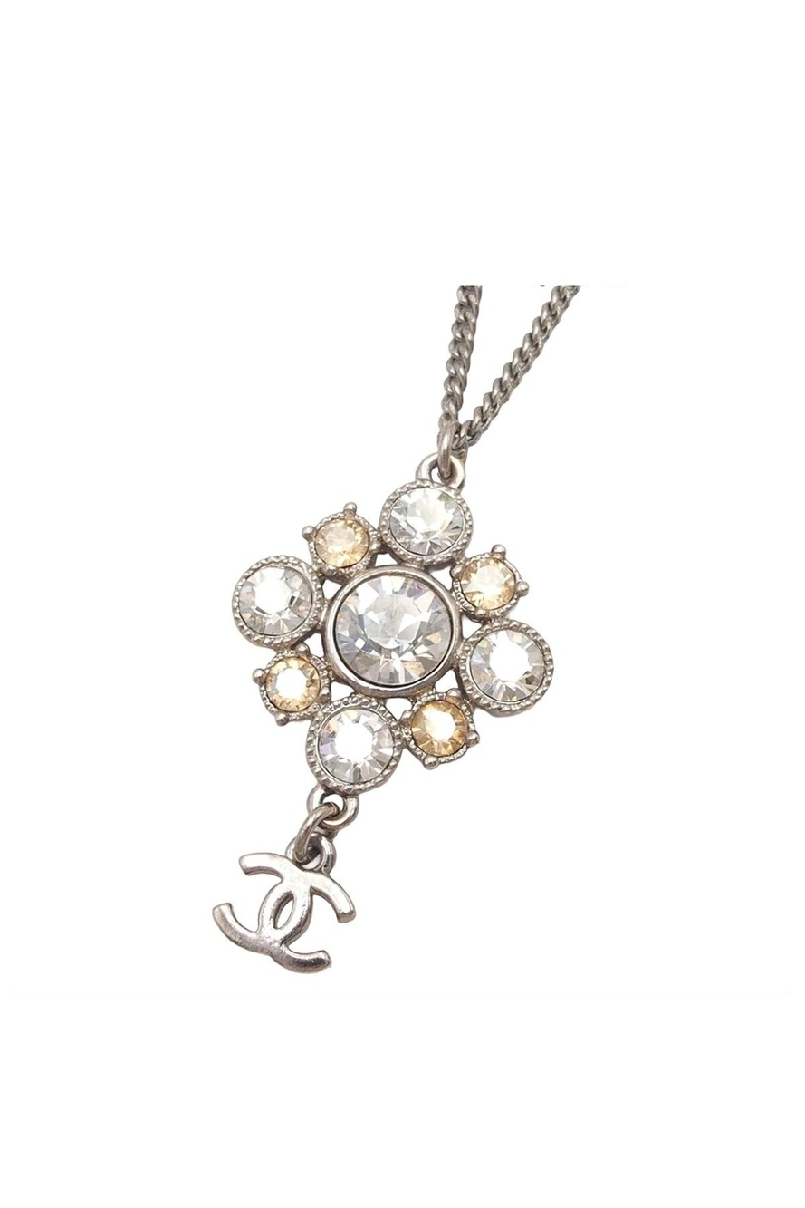 Chanel Necklace CC Logo Silver Metal Rhinestone